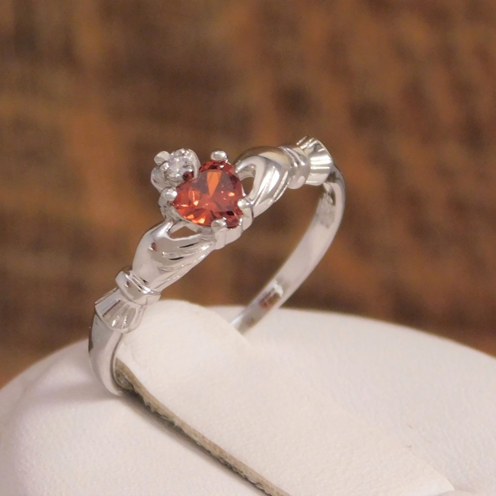 Dainty Irish Claddagh Ring with Garnet 925 Silver